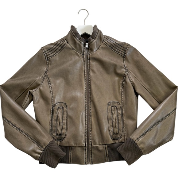 Blue Spice Womens Size Large Faux Leather Bomber Coat Jacket Full Zip Brown Tan - Picture 2 of 14